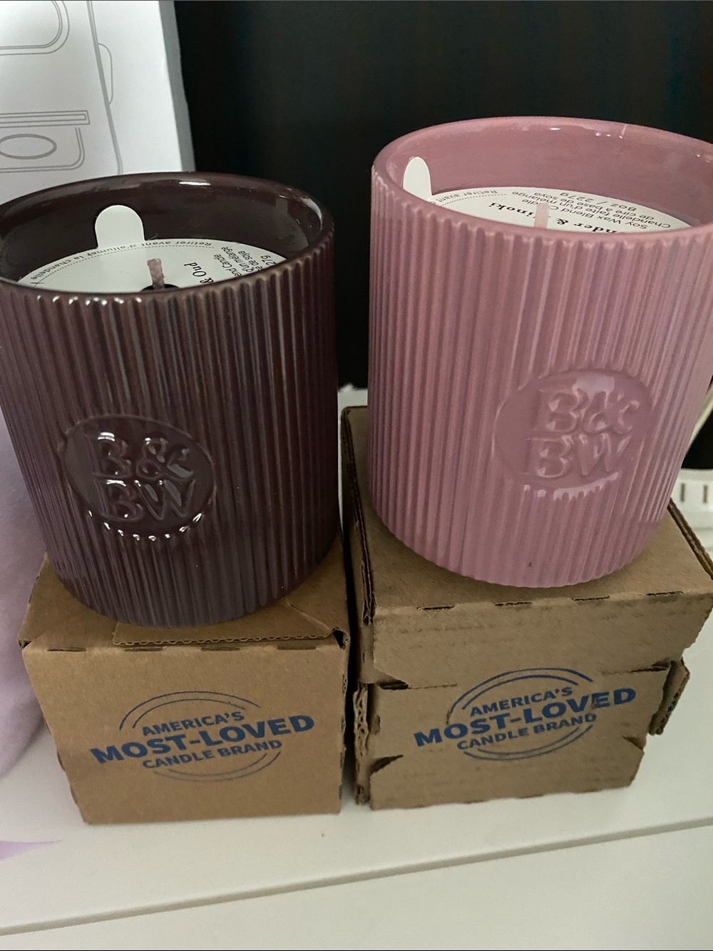 Bath & Body Works Ribbed Ceramic Candles in Plum and Dusty Rose